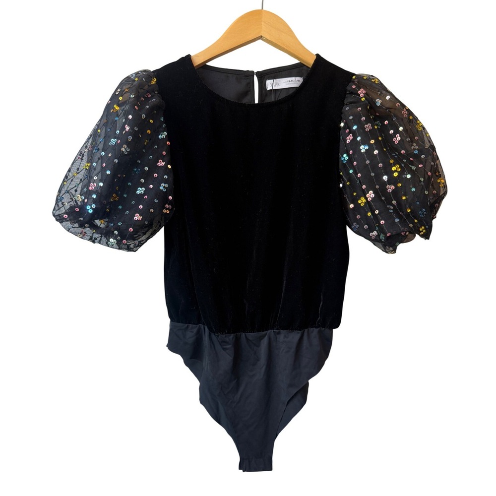 Zara Girls Black Velvet Puff Sleeve Sequin‎ Top Bodysuit 13/14 Party Glam Dressy